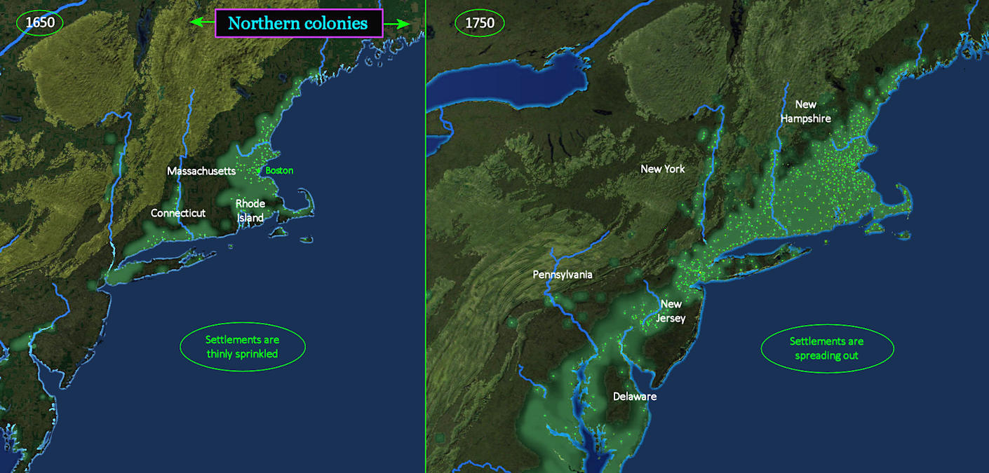 New England growth, 1650-1750 map